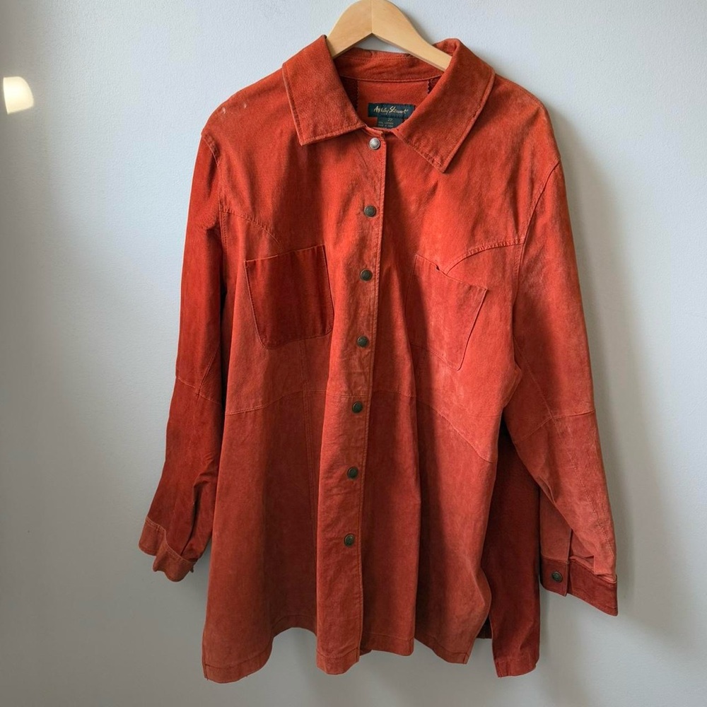 Orange Suede Patchwork Button-Up Shirt Jacket Sha… - image 2